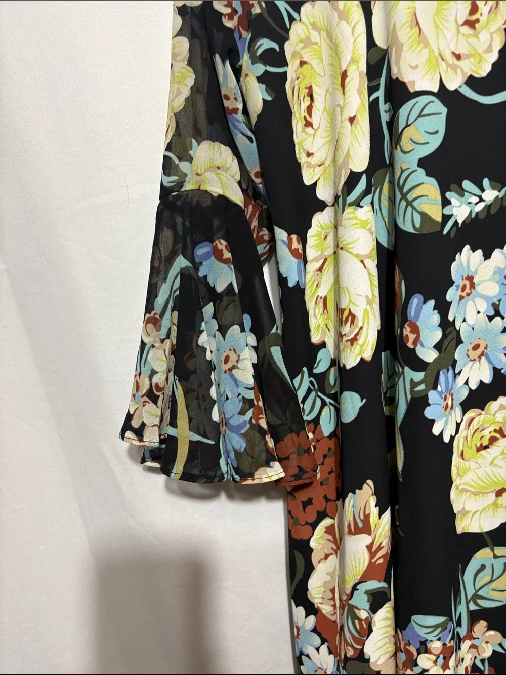 Paper Crown Black Floral Midi lined Dress with Bell Sleeves